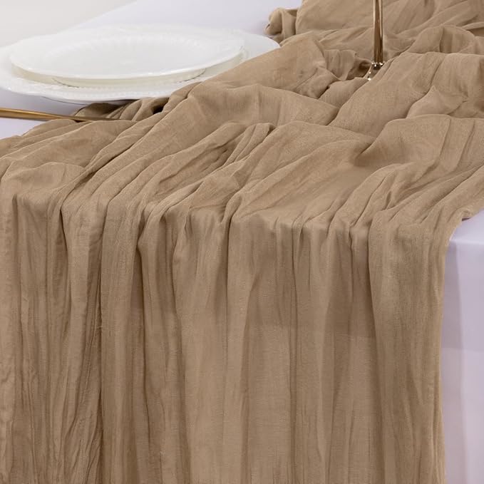 Socomi 6pcs Nude Brown Cheesecloth Table Runner Valentine's Day Boho Rustic Gauze 120 inch 10FT Cheese Cloth Runner for Wedding Party Baby Shower Birthday Home Decor Holiday Decorations