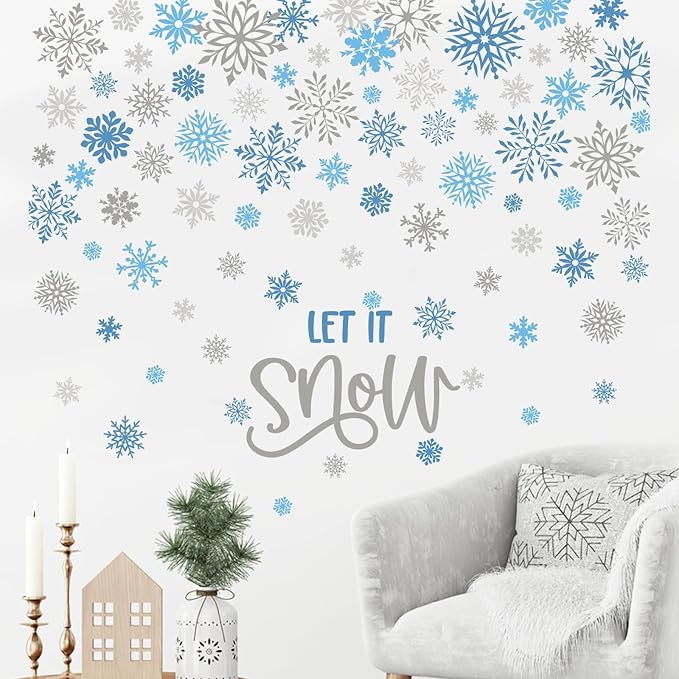 Mfault Winter Blue Grey Snowflake Wall Decals Stickers, Let It Snow Decorations Bedroom Art, Christmas Seasonal Home Living Room Kitchen Decor