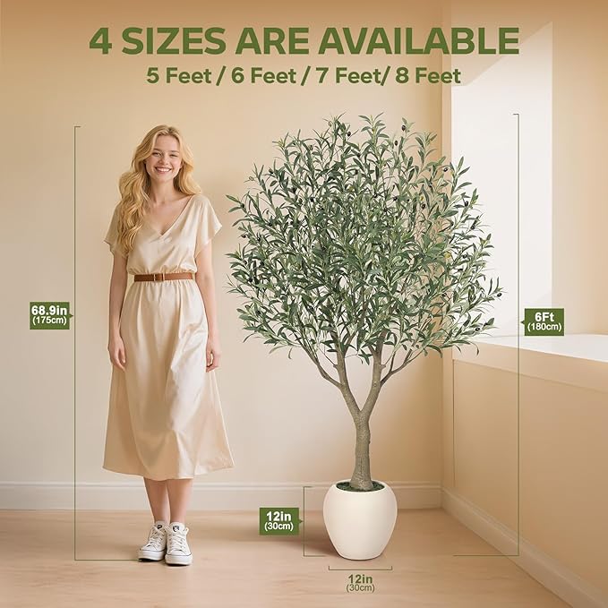Olive Trees Artificial Indoor,6Ft Large Faux Plants,Tall Fake Tree with 12in White Round Planter,Full & Lush Faux Olive Tree for Home Decor Living Room, Office or Bedroom,Housewarming