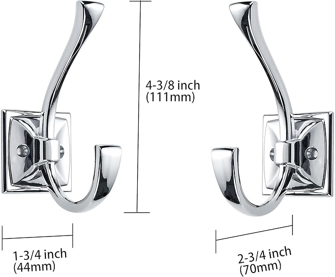 Large Wall Hooks - 2 Pack Polished Chrome Coat Hooks for Hanging Coats, Towels, Robes - 4.35 Inch Double Wall Mounted with Screws for Keys, Bags, Cups, Hats