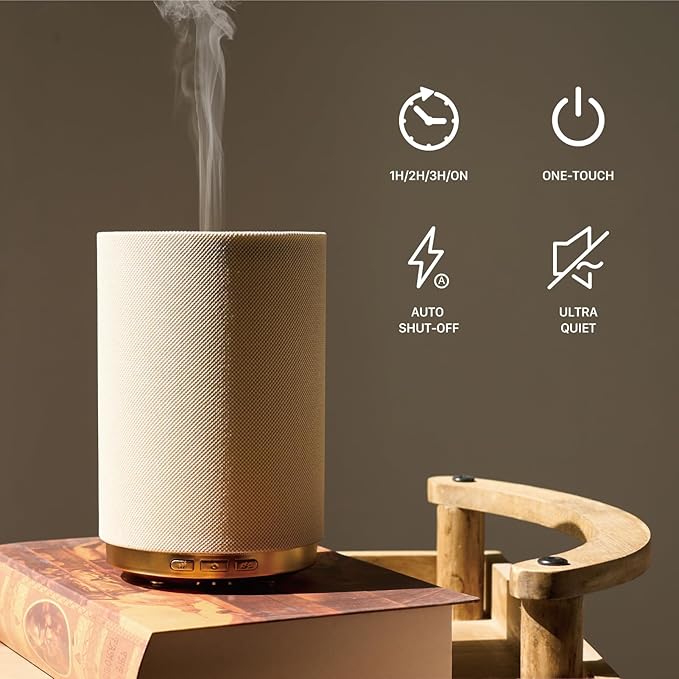 Fabric Essential Oil Diffuser, 110ml Aroma Diffuser with Night Light, 2 Mist Modes, 3 Light Settings, 4 Timer Modes, Auto Shut-Off, for Home Office Bedroom Decor