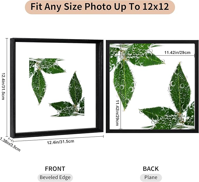 12x12 Floating Frames 2 Pack Wooden Photo Frame Double Sided Glass Picture Frame for Any Size Picture up to 12x12, Wall Mount or Tabletop Displays, Double-edged Frames, Black