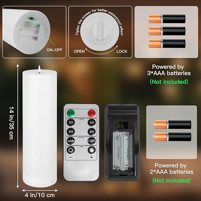 14" x 4" Large Outdoor Candles, Waterproof Flickering LED Flameless Candles with Timer, Battery Operated Candles with Remote Control Realistic Fake Pillar for Patio Porch Lanterns, White 1 Pack