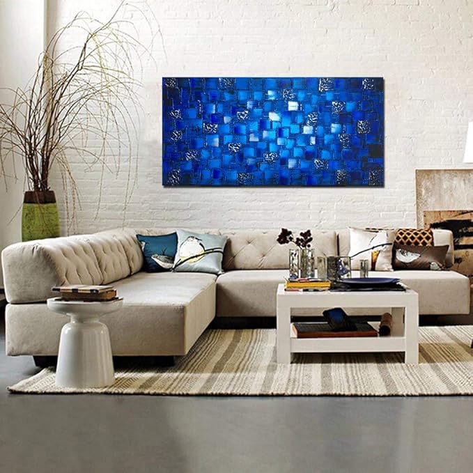 MyArton Thick Textured Abstract Squares Canvas Wall Art Hand Painted Artwork Modern Dark Blue add Silver Oil Painting for Home Decor Framed Ready to Hang 48x24inch