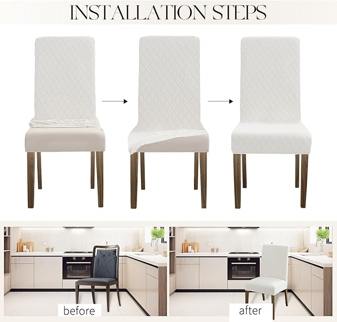 MOSAYT 100% Waterproof Dining Room Chair Covers Set of 4, Super Fit Stretch Jacquard Parson Chairs Slipcovers Removable Washable Chair Seat Protectors for Home, Kitchen, Banquet (White)