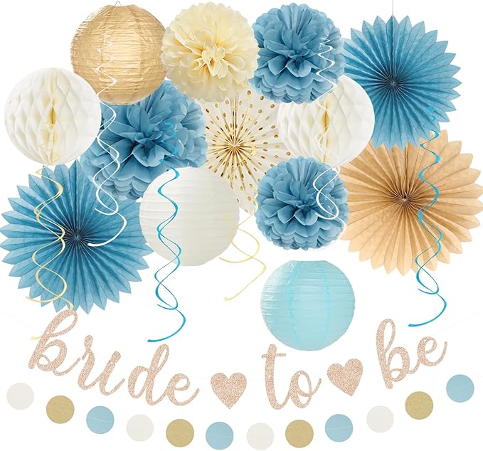 Beige-Champagne-Blue Boho Bachelorette Party-Decorations - 21pcs Women Bridal Shower Banner Garland,Bride To Be Paper Streamers Lanterns,Flower Tissue Pom Poms Fan Favors Wedding Decor Huglony