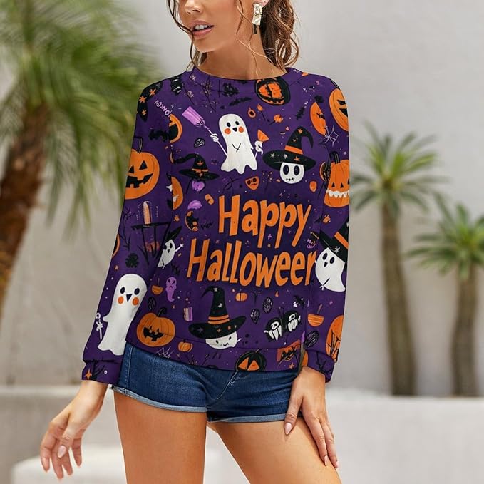 Halloween Sweatshirts for Women Funny and Spooky Print Crewneck Oversized Pullover Outdoor Lounge Fashion Sweater