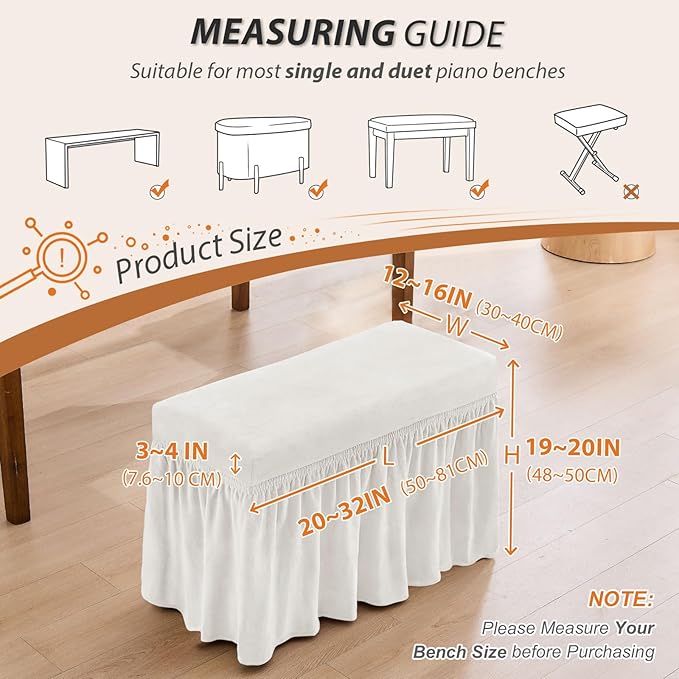 NICEEC Spandex Stretch Piano Bench Cover with Skirt Removable Ottoman Cover Rectangular Washable Stool Slipcover for Duet Piano Bench Seat Cushion Protector(White)