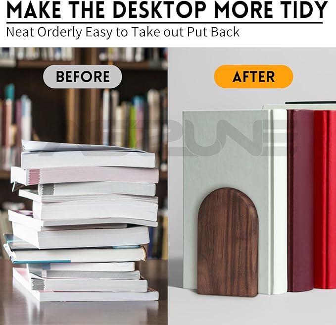 Book Ends for Heavy Books,2Pairs Heavy Duty Wooden Bookends, Holds Heavy Books, Non-Skid, Perfect for Office Desk