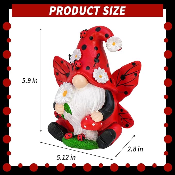 Ladybug Gnome Decorations - Resin Figurines for Spring Kitchen, Summer Garden, Lawn and Outdoor Decor - Gifts for Women