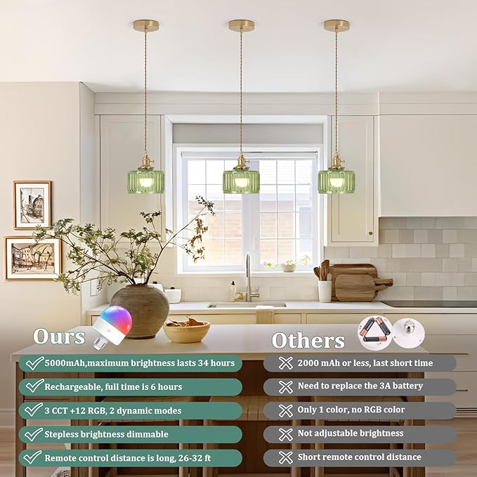 Battery Operated Pendant Light 5000mAh Rechargeable Chandelier with Remote Control Wireless Adjustable Hanging Green Striped Light for Kitchen Island Dining Room Hallway, 2 Pack