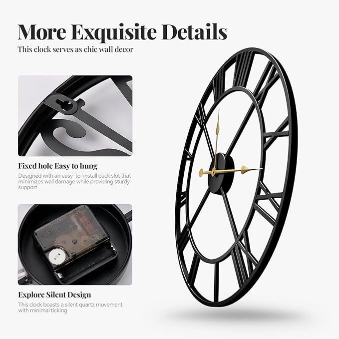 Cuspin 20 Inch Wall Clock Large Clock Battery Operated, Black Metal Round Wall Clocks Modern Silent Non-Ticking Decorative Clock for Living Room Bedroom - Roman Numerals