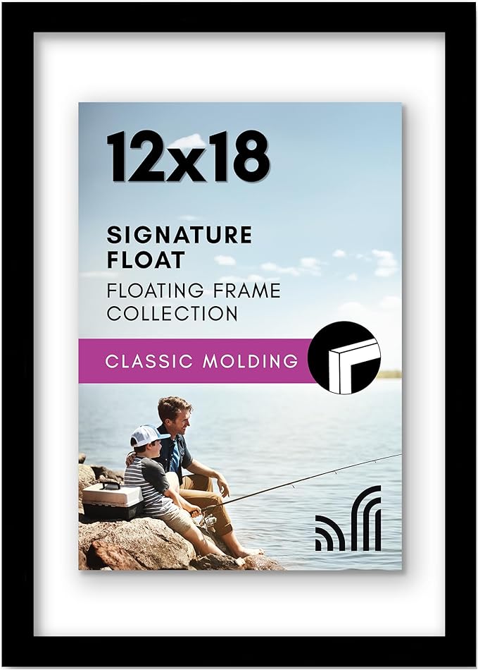 Americanflat 12x18 Floating Picture Frame with Polished Crystal-Clear Glass - Use as 8x10 Picture Frame or Display 5x7 Photo - Signature Float Collection - Photo Frames for Wall Display - Black