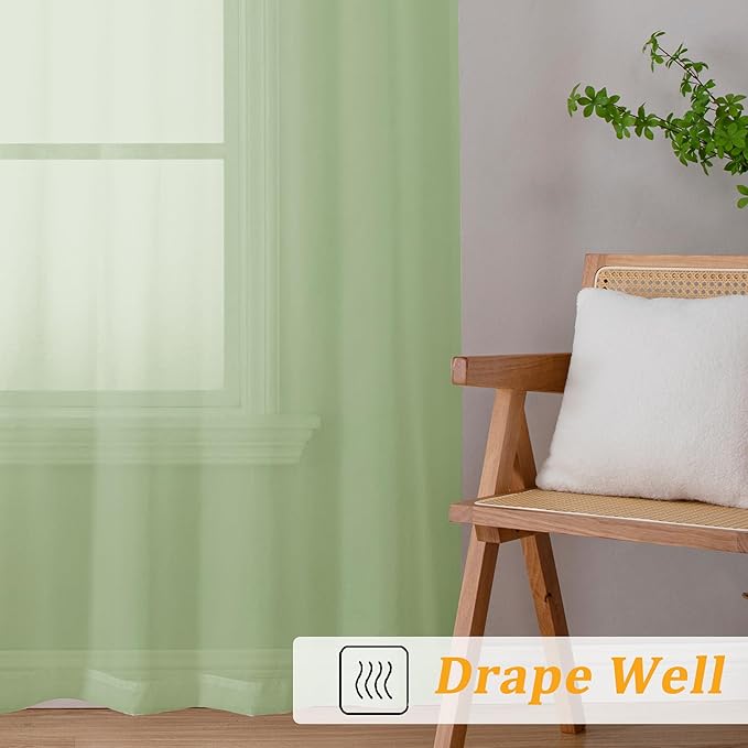 Gwine Light Green Sheer Curtains for Living Room 45 inches Long, Short Voile Light Filtering Window Treatments Sheer Curtains for Bedroom, Half Window Drapes with Rod Pocket, Each 42" Wx45 L