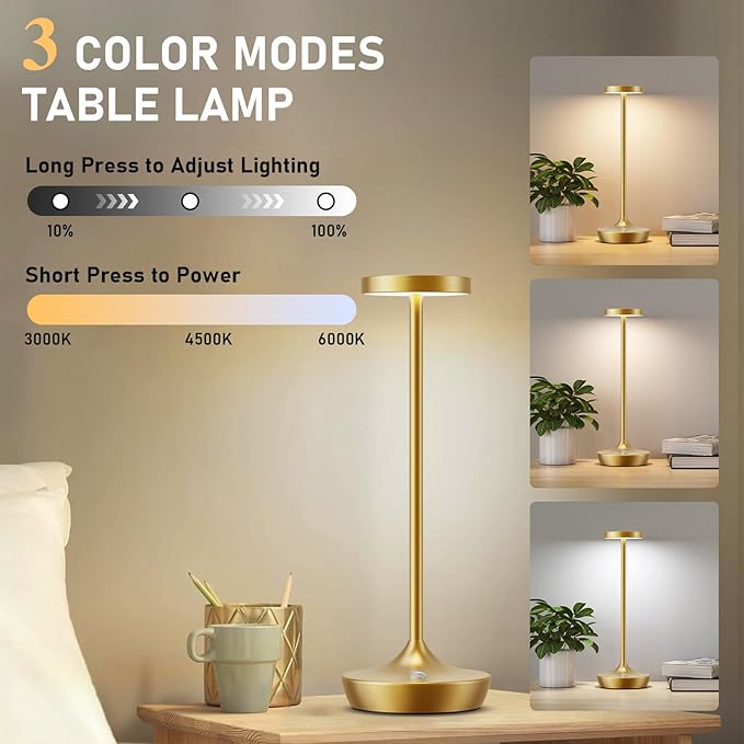 2 Pack Led Cordless Rechargeable Waterproof Table Lamp(Battery Operated Touch Light 3 Color Dimming Portable Night Lamp IP54 Waterproof Suitable For Indoor Outdoor Patio Restaurant Dining Home)Gold