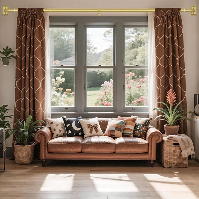 Gold Curtain Rods 2 Pack, Heavy Duty Wrap Around Curtain Rod for Windows 48 to 84 Inch, Adjustable Decorative Blackout Drapery Pole, Modern Room Darkening Rod for Blackout Curtains, Brass