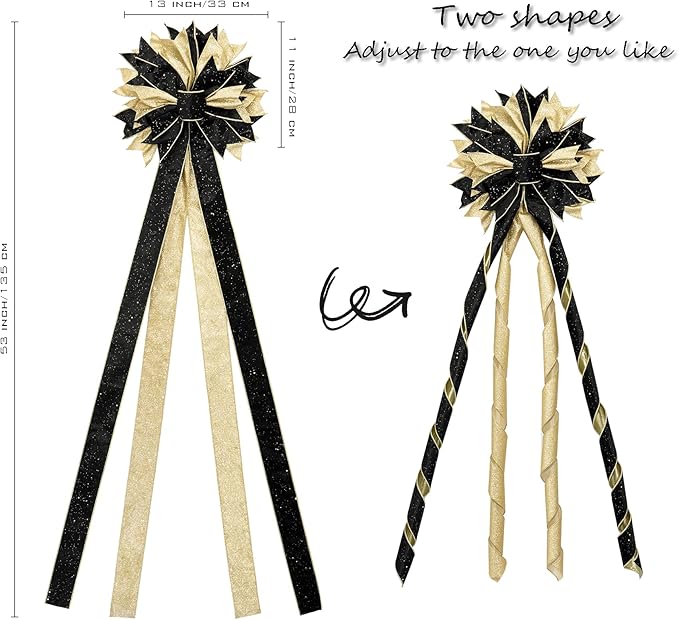 Christmas Tree Topper Bow, 53x13 Inches Large Christmas Bow with Glitter Streamer, Decorative Ribbon Bows for Xmas Tree Wreath Door Festival Home Decor(Black & Gold)