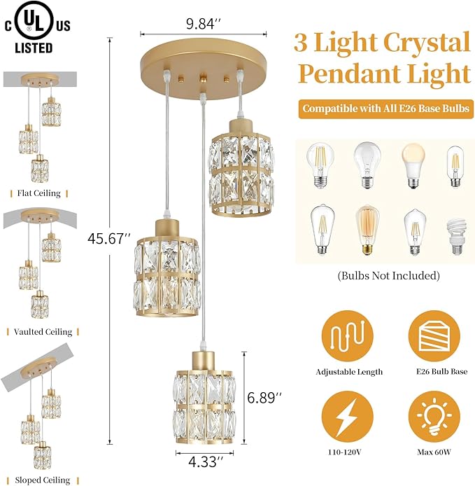 Modern Gold Crystal Pendant Light Fixture - 3-Light Adjustable Hanging Lamp for Kitchen Island, Dining Room, Living Room & Bedroom | Dimmable, Quick Install Farmhouse & Industrial Pendant Lighting