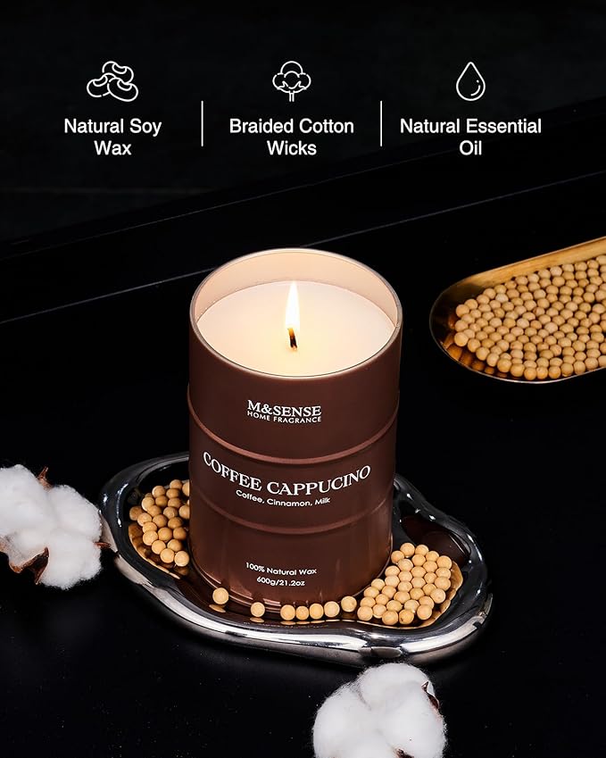 M&SENSE Coffee Cappucina Large Scented Candles Christmas Decor, Hoilday Soy Wax Christmas Candle 21.2oz 120 Hours, Coffee Aroma Candle Unique Housewarming Appreciation Gifts