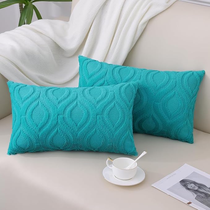 decorUhome Throw Pillow Covers 12x20 Inch Set of 2, Soft Plush Faux Wool Turquoise Solid Couch Pillow Covers, Accent Farmhouse Neutral Lumbar Pillow Cases for Sofa Bed Living Room
