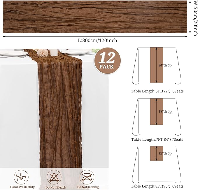 12 Pack Brown Cheesecloth Table Runner 10FT Cheese Cloths for Wedding Decor, 20x120inch Rustic Boho Gauze Table Runners for Wedding Party Bridal Shower Table Decoration