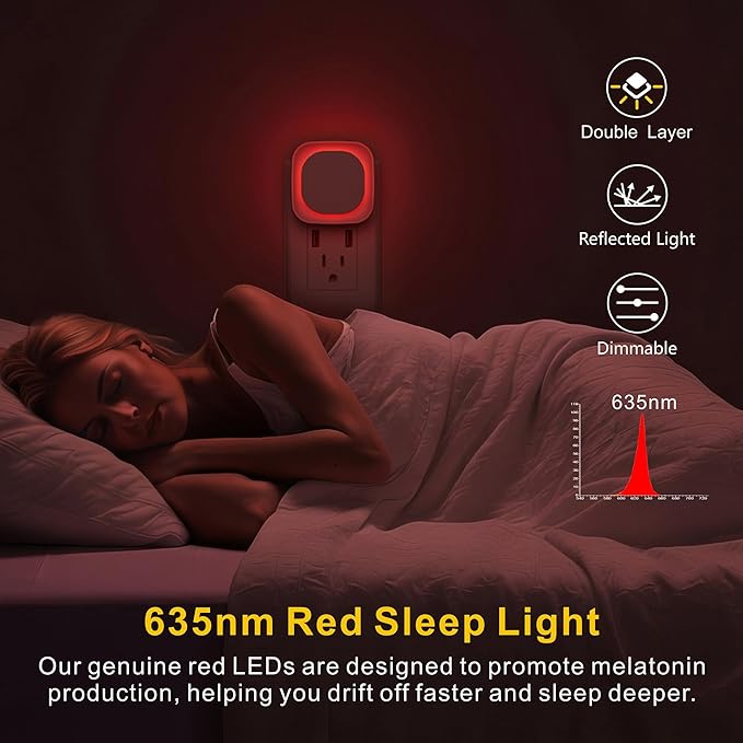 6 Pack Plug in Red Sleep Night Light, Auto Dusk to Dawn, Soft Glow, Dimmable Diffused Light, LED Lights for Bedroom, Sleep, Baby Nursery, Kids, Toddler, Bathroom, Hallway, Home Decor