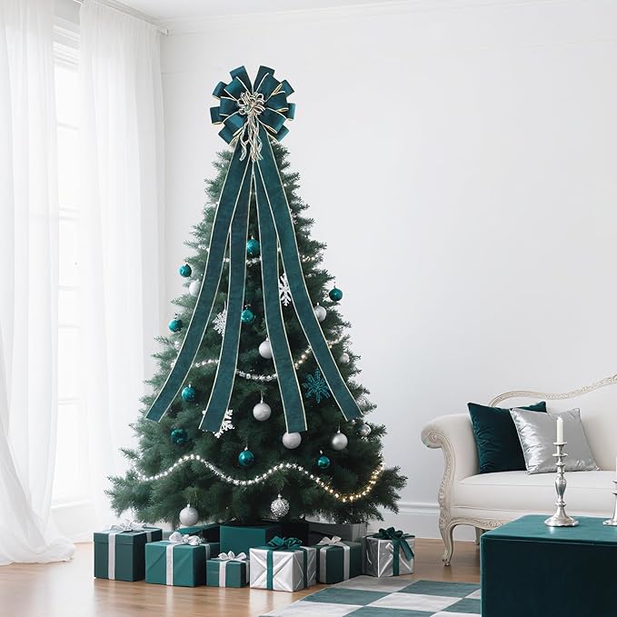 Green/Gold Velvet Christmas Tree Topper, 48x12 Inch Christmas Bow Tree Topper for Xmas Tree Decorations, for Xmas Ornaments Holiday Home Indoor/Outdoor Wedding Thanksgiving Decor.