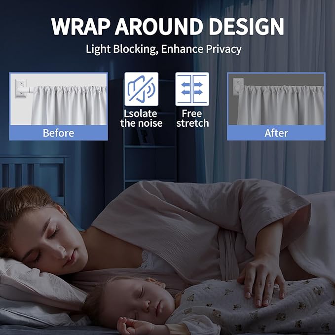 White Blackout Curtain Rod, Adjustable Extra Long Curtain Rods for Windows 66 to 184 Inches(5.5-15.3Ft), Wrap Around Heavy Duty Rods, French Return Room Darkening Rod, White