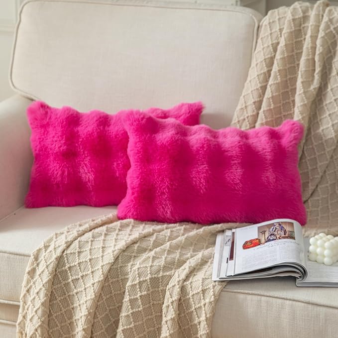 Yaertun Pack of 2 Hot Pink Thick Soft Wool Decorative Throw Pillow Covers 12x20 Inch Faux Fur Plush Fluffy Cushion Covers for Sofa Couch Bedroom