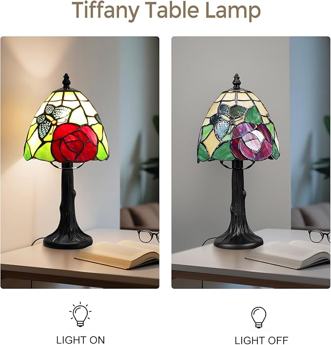 Tiffany Style Table Lamp - Antique Butterfly & Rose Stained Glass Design Desk Lamps Antique 6 Inch Small Tiffany Lamp Bedside Table Lamps for Bedroom Living Room Office Desk Light(Bulb Included)