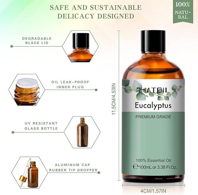 PHATOIL 100ML Eucalyptus Essential Oil, Eucalyptus Oil Essential Oils for Diffusers for Home, Soap Candle Making, Huge 3.38fl.oz Bottle