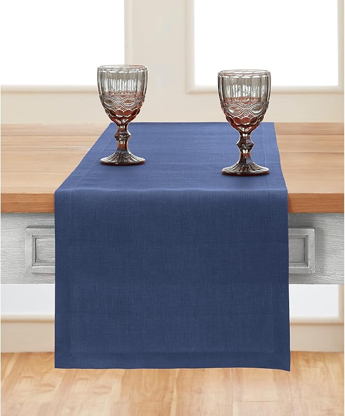 Solino Home Linen Table Runner 60 Inches - 100% Pure Linen Vintage Blue Table Runner 14 x 60 Inch Ideal for Dresser and Coffee Tables - Diana Medium Weight, Winter, Spring