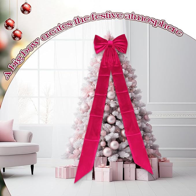 Christmas Tree Topper Bow 90x18 Inch Giant Large Velvet Bow with Long Streamers Huge Decorative Wrapping Gift Decor for Xmas Tree Front Door Patio Outdoor Wedding Arch(Hot Pink)
