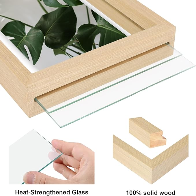 Egofine 11x14 Floating Frames Set of 2, Double Plexiglass Picture Frame, Made of Solid Wood Display Any Size Photo up to 11x14, Wall Mount or Tabletop Standing, Natural Wood