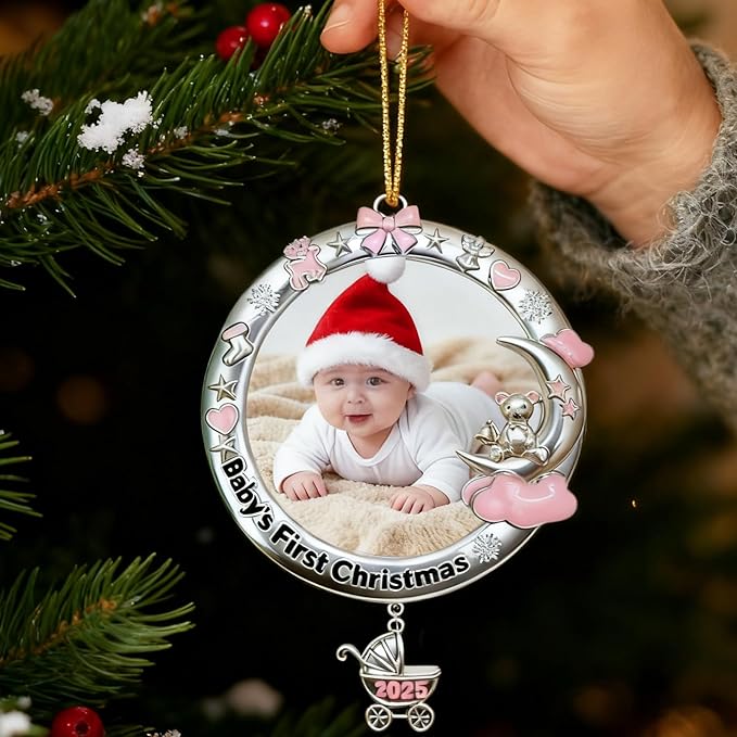 Babys First Christmas Ornament 2025 My Very First Christmas Photo Frame 2025 Dated Metal Picture Frame Xmas Tree Decor Baby Keepsake Newborn Boys Girls Gifts for Son Daughter Grandson Granddaughter