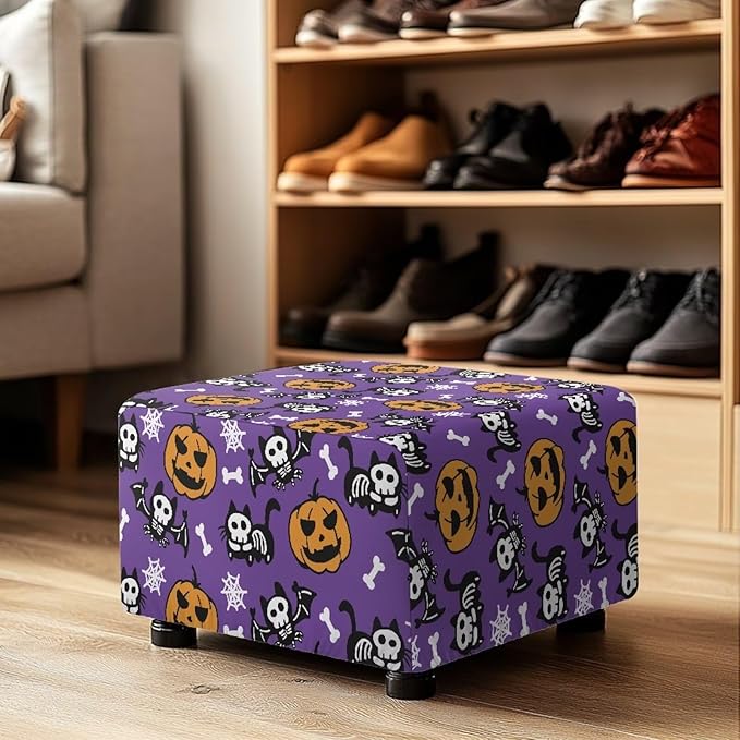 Spooky Halloween Ottoman Cover with Pumpkins, Bats & Ghosts - Stretchable, Form-Fit Slipcover for Rectangular Footstools, Easy Install & Care (30x24x15 Inch)