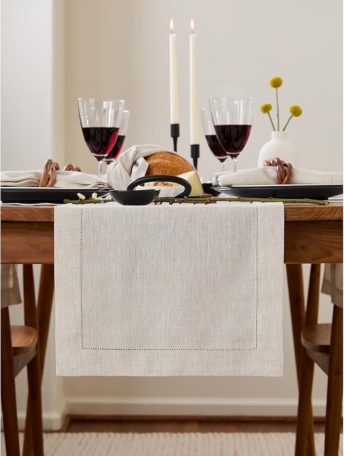 Solino Home Linen Light Natural Table Runner 36 Inches - Classic Hemstitch, 100% Pure Linen Coffee Table Runner 14 x 36 Inch Ideal for Dresser Tables - Spring, Easter