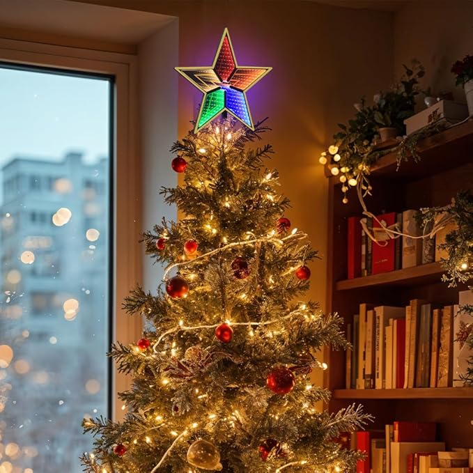 MEETYAMOR Christmas Tree Topper, 11 Inches 130 LEDs Lighted Gold 5-Point Star Tree Topper, 3D Infinity Mirror Colorful Lights Sparkling Treetop Christmas Decorations, Winter Xmas Decor Indoor Home