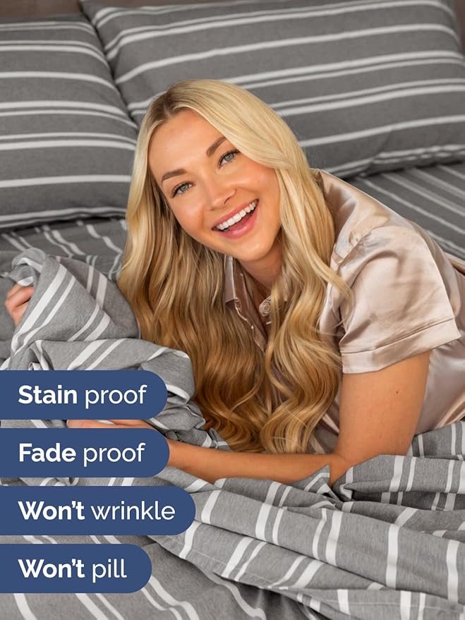 Extra Deep Split King Sheet Set - 7 Piece Breathable & Cooling Sheets - Hotel Luxury Bed Sheets Set - Easy Fit - Soft, Wrinkle Free & Comfy Sheets Set - Grey Striped Sheet Set w/Extra Deep Pockets