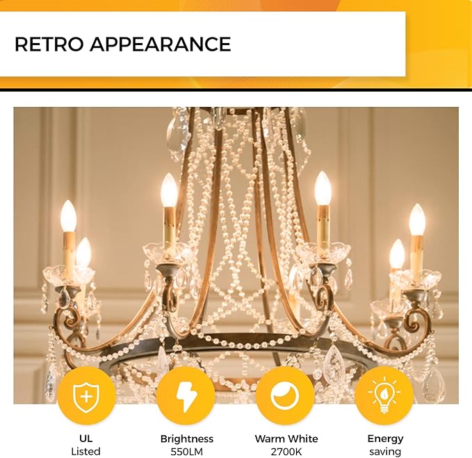 Hizashi E12 LED Bulb Dimmable 60W Equivalent, Chandelier Light Bulbs Soft White 2700K, Candelabra Light Bulbs 90+CRI 6W 550LM B11 LED Candle Bulb with Candelabra Base, UL Listed, 6 Pack