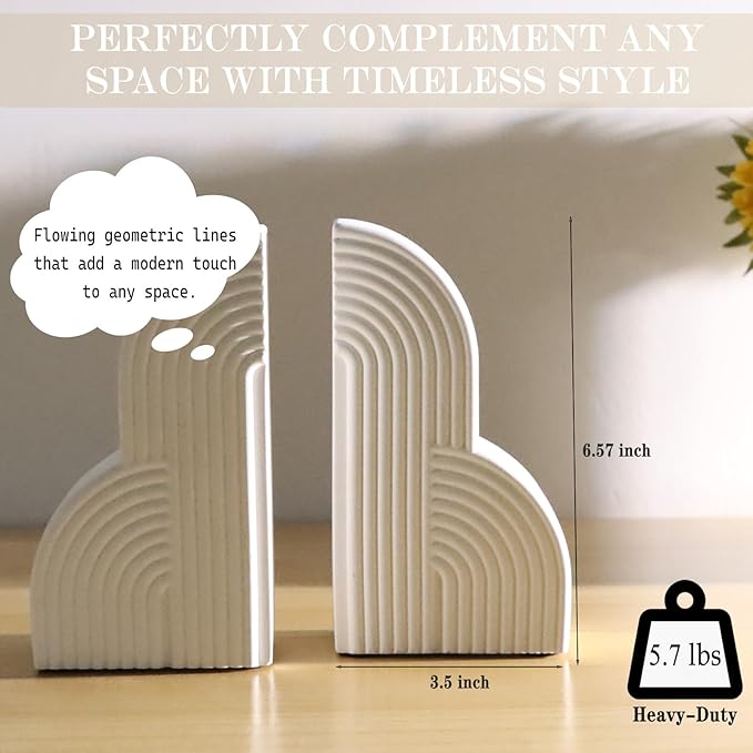 Decorative Book Ends for Heavy Books - Concrete Clound Aesthetic Bookends - Set of 2 Boho Book Stopper for Modern Home Office Bookshelf Decor (Concrete-White)