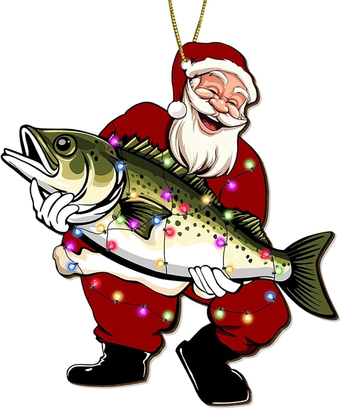 Santa Clause Holding a Fish Christmas Tree Keepsake Ornaments, Fishing Themed 2 Side Printed Flat Wooden Ornament, Xmas Hanging Decor