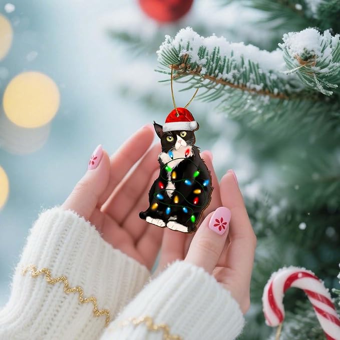 Tuxedo Cat Christmas Ornament, Funny Black and White Cat Holiday Tree Decoration for Pet Lovers, Wooden Keepsake Gift for Animal Owners