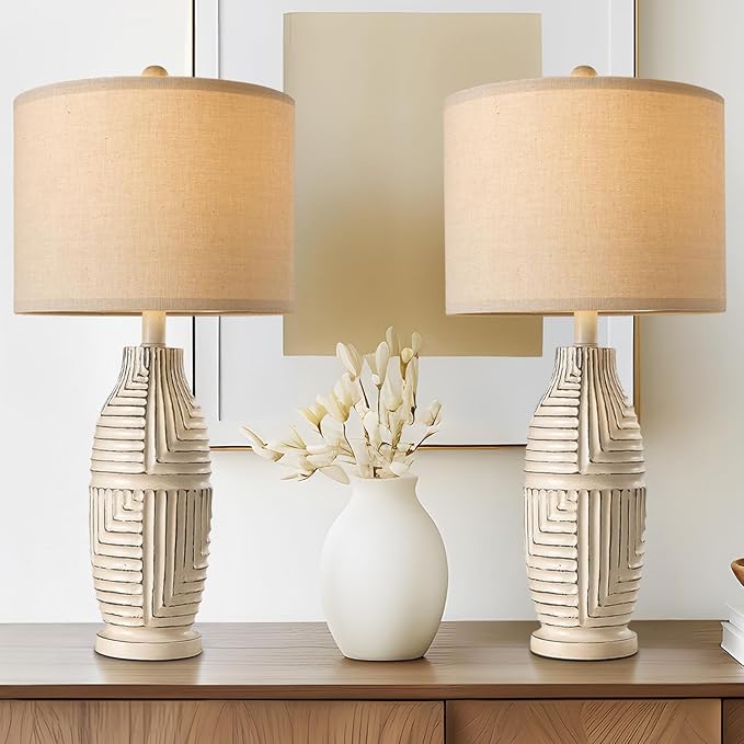 BOBOMOMO 25" Rustic Farmhouse Table Lamps Set of 2, Vintage Resin Nightstand Lamps with Fabric Shades, Retro Bedside Lamps for Bedroom, Living Room, Dining Room, Home Decoration
