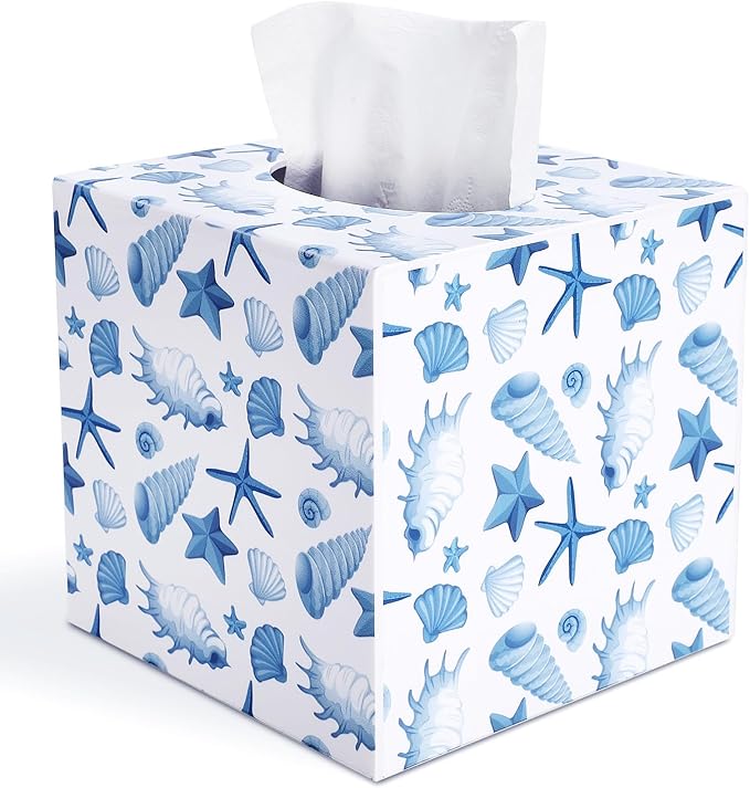 SOMTO Acrylic Square Tissue Box Cover,Beach White Starfish Seashell Coastal Decorative Tissue Holder Dispenser Bathrooms, Desks, Countertops, Vanities, Bedrooms, and Nightstands Decor
