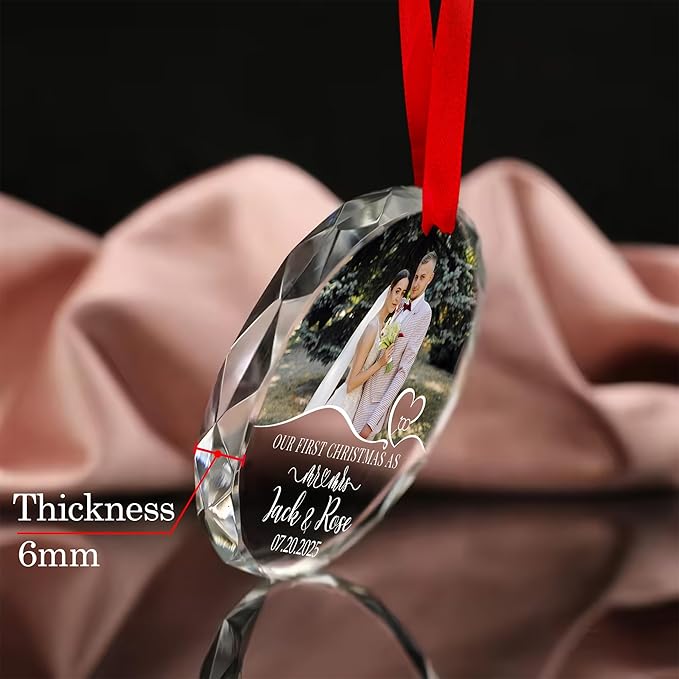 First Christmas Married Ornament 2025 – Custom Mr and Mrs Photo Ornament – Personalized Wedding Gift with Picture Name Date – Couple Glass Keepsake