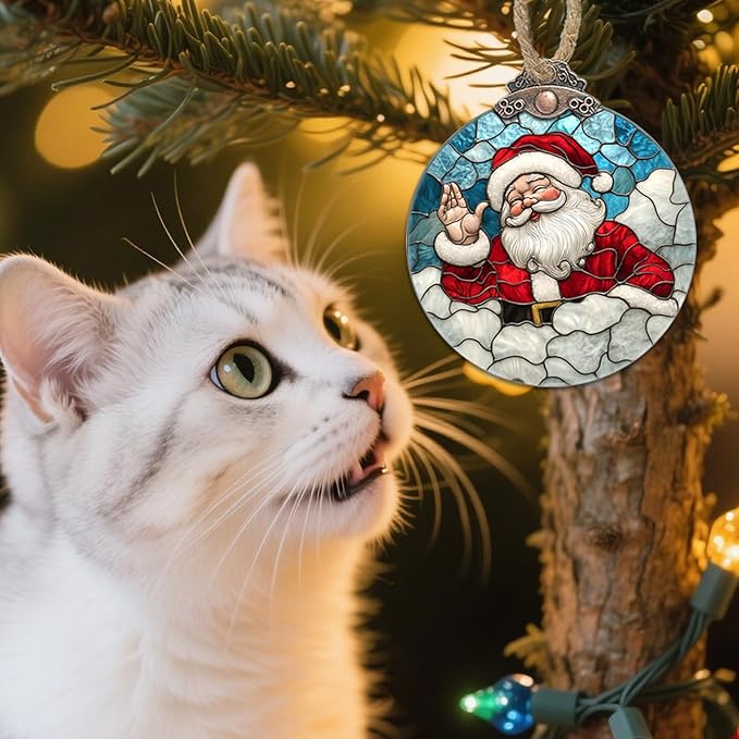 Stained Glass Christmas Decorations, Funny Santa Claus Suncatcher for Window Christmas Tree Hanging Ornaments White Clouds Sun Catcher Xmas Decor Gifts for Women Men Mom Nana Friend