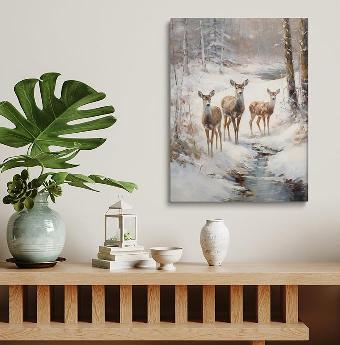Christmas Tree Deer Decor,Snowy Forest Wall Art,Deer Painting,Deer in Snow Poster,Christmas Wall Art,Rustic Vintage Christmas Decor,Nature Wall Art,Winter Seasonal Decor16x24inch Framed Art