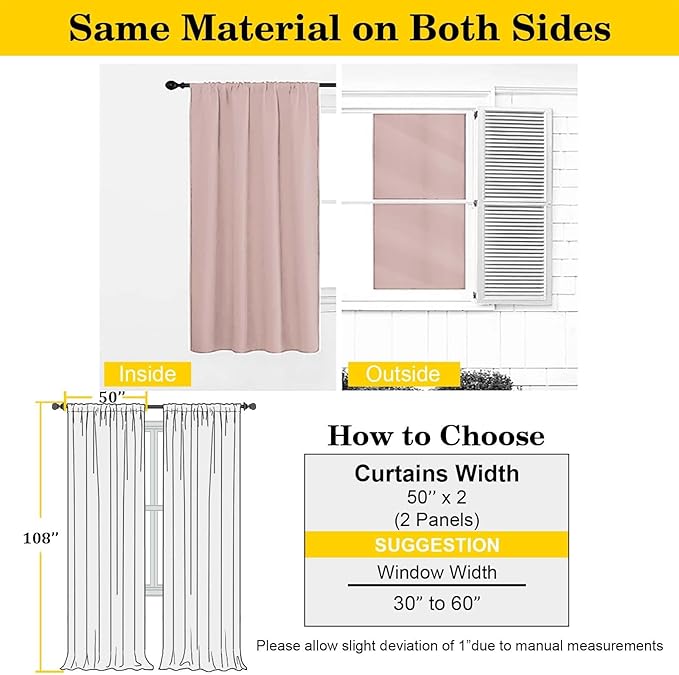 Extra Long Blush Blackout Curtains for Bedroom Living Room 108 Inches Long 2 Panels, Soft Solid Room Darkening Thermal Insulated Window Treatments, Rod Pocket Curtain, 50" Wx108 L