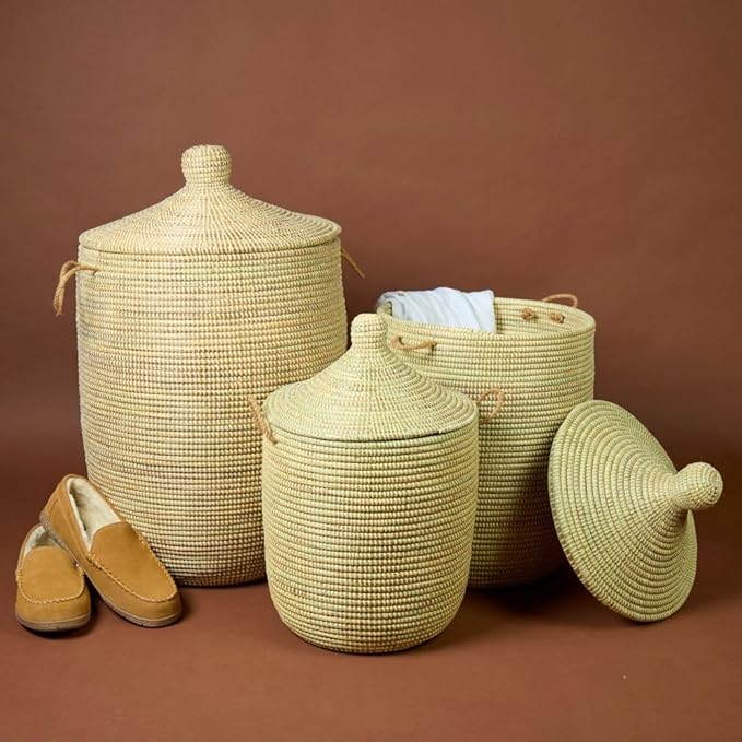 Small Natural Beige Decorative Woven Wicker Basket Hamper - Organize Laundry, Toys, Blankets, Pillows, Clothes, Towels - Storage Bins for Home, Baby Nursery, Living Room, Bedroom, Bathroom